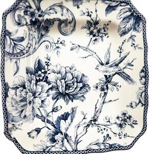 222 Fifth Set Of 4 Salad Plates ADELAIDE Blue & ivory Square BIRD Floral Toile